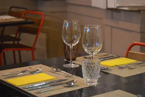 Set table in a restaurant with full service Stock Photos