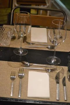 Set table in a restaurant with full service Stock Photos