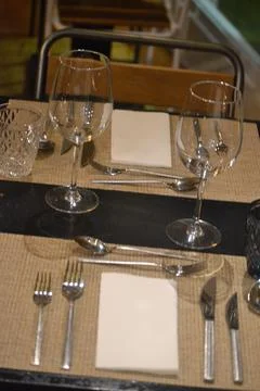 Set table in a restaurant with full service Stock Photos