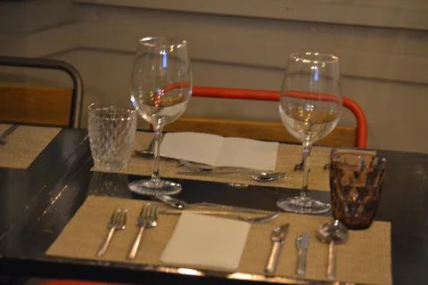 Set table in a restaurant with full service Stock Photos