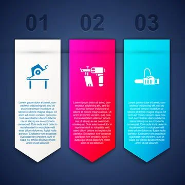 Set Table saw for woodwork, Nail gun and Chainsaw. Business infographic templ Stock Illustration