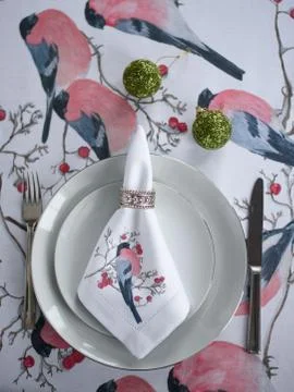 A set table, sent with a tablecloth with snigir birds Stock Photos