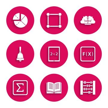 Set Tablet with calculator, Open book, Abacus, Function mathematical symbol Stock Illustration