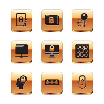 Set Tablet with closed padlock, Human head, Password protection, Lock computer Illustrazione stock