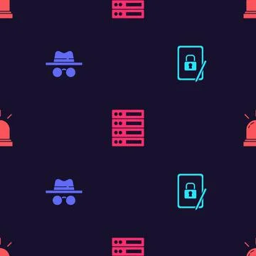 Set Tablet with closed padlock, Incognito mode, Server, Data, Web Hosting and Stock Illustration