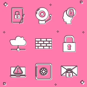 Set Tablet with closed padlock, Ringing alarm bell, Human head, Network cloud Illustrazione stock