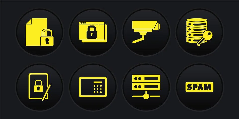 Set Tablet with closed padlock, Server security key, Safe, Server, Data, Web Stock Illustration