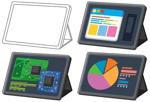 Set of Tablet Computer Vector Illustrations with Various Screen Displays Stock Illustration