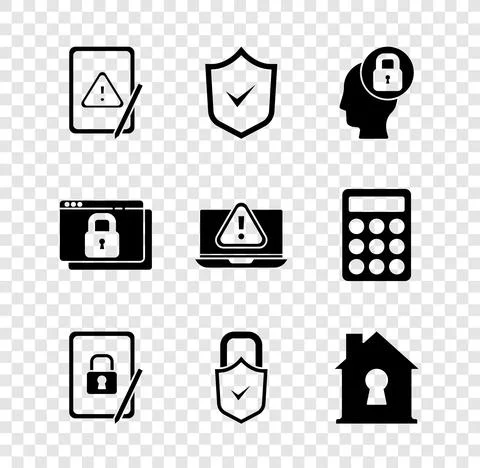 Set Tablet with exclamation mark, Shield check, Human head lock, closed padlock イラスト素材