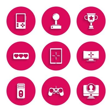 Set Tablet, Gamepad, Create account screen, Computer monitor, Like and hear.. Stock Illustration