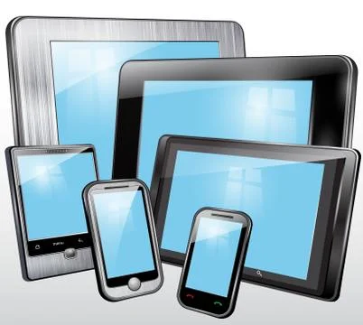 Set, tablet, mobile phone, in the plastic and metal case. Vector Stock Illustration