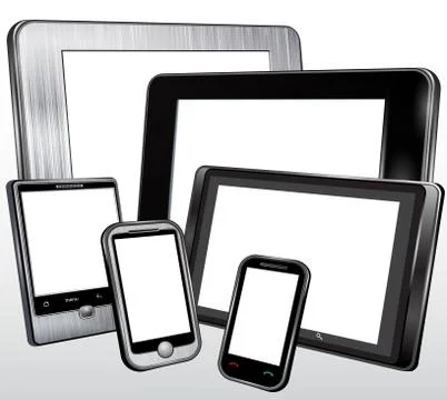 Set, tablet, mobile phone, in the plastic and metal case. Vector Stock Illustration