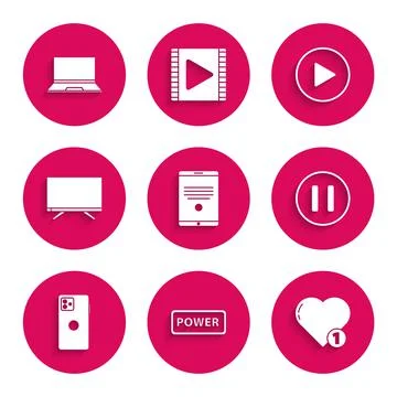 Set Tablet, Power button, Like and heart, Pause, Smartphone, mobile phone, Tv Stock Illustration