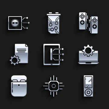 Set Tablet, Processor, Music player, Laptop and gear, Air headphones in box Stock Illustration