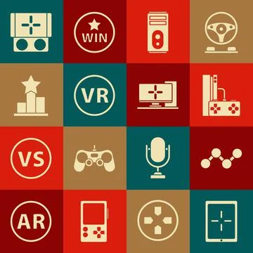 Set Tablet, Share, Game console with joystick, Computer, Virtual reality glasses Illustrazione stock