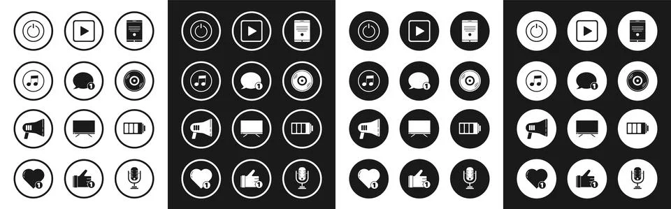Set Tablet, Speech bubble chat, Music note, tone, Power button, Vinyl disk, Play Stock Illustration