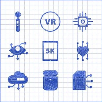 Set Tablet with text 5k, Air headphones in box, Sim card, Processor, Internet of Stock Illustration