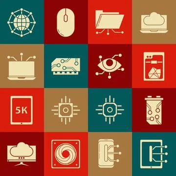 Set Tablet, Video graphic card, 3D printer, Folder and lock, RAM, random access 库存插图
