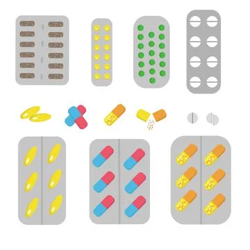 A set of tablets and capsules in blisters Stock Illustration