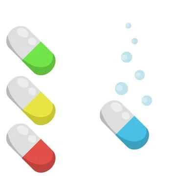 Set of tablets. Red, blue, green, yellow capsule. Dissolution of drug. Illustrazione stock
