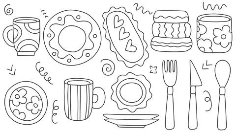 Set of tableware and cutlery in doodle sketch style Stock Illustration