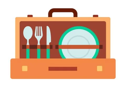 Set of tableware in suitcase vector icon flat isolated Illustrazione stock