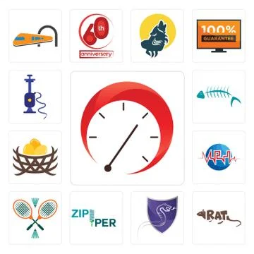 Set of tachometer, rat, viper, zipper, badminton, med, bird nest, fish skelet Free Stock Illustration