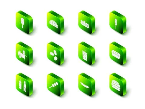 Set Taco with tortilla, Stack of pancakes, Corn dog, Chicken nuggets in box イラスト素材