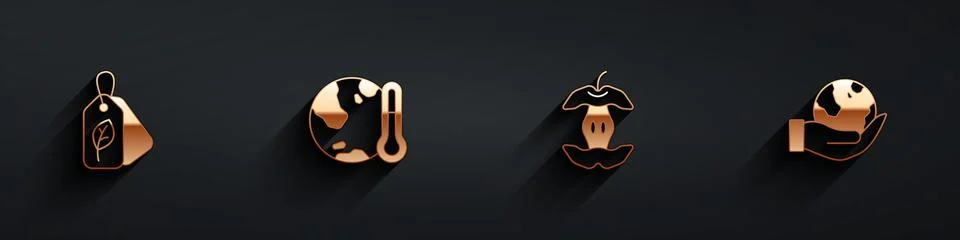 Set Tag with leaf, Earth melting to global warming, Apple core and Hand holding Stock Illustration