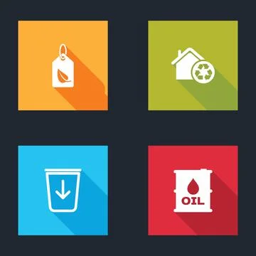 Set Tag with leaf, Eco House recycling, Send to the trash and Oil barrel icon Ilustración de archivo
