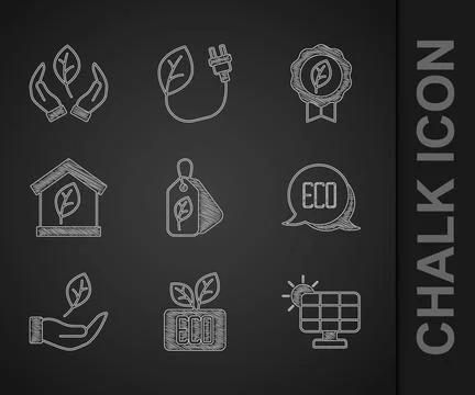 Set Tag with leaf, Leaf Eco symbol, Solar energy panel, in hand, friendly house Ilustración de archivo