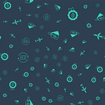 Set Tag with leaf, Leaf Eco symbol,  and Wind turbine on seamless pattern. .. Stock Illustration