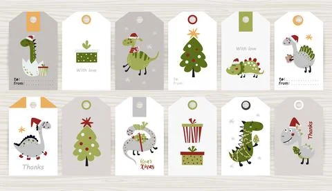 Set of tags with cute dinosaurs. Stock Illustration