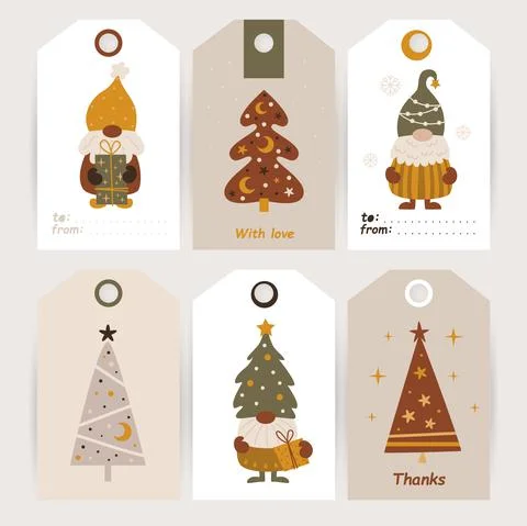 Set of tags with cute gnomes and christmas trees. Stock Illustration
