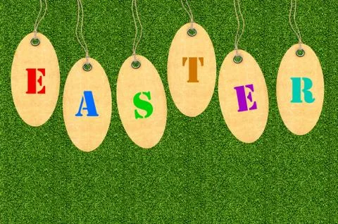 Set of tags for Easter eggs over green grass 스톡 사진