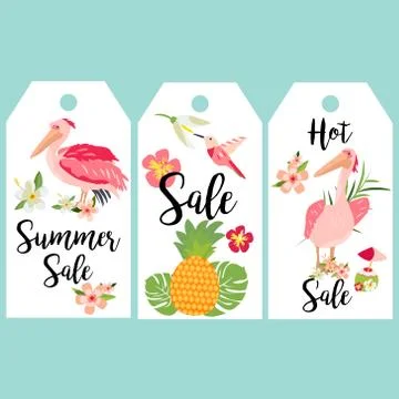 Set of tags with Hawaiian elements and pelicans Stock Illustration