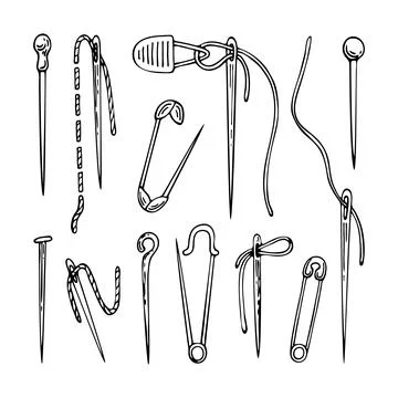 Set tailor needles pins needle threader line art. Sewing accessories needlewo Stock Illustration