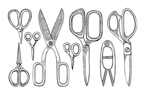 Set tailor scissors line art. Sewing tool cutting fabric thread. Seam ripper. Stock Illustration