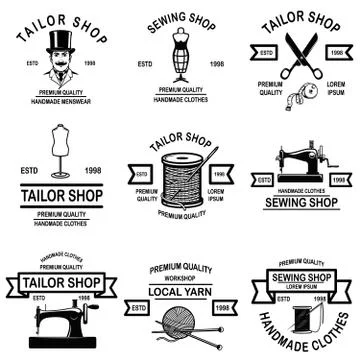 Set of tailor shop emblems. Design elements for logo, label, sign, badge. Vec Stock Illustration