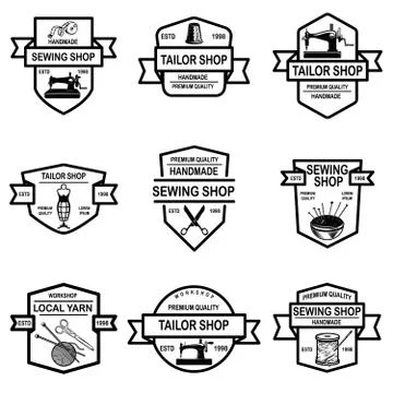 Set of tailor shop emblems. Design elements for logo, label, sign, badge. Vec Stock Illustration