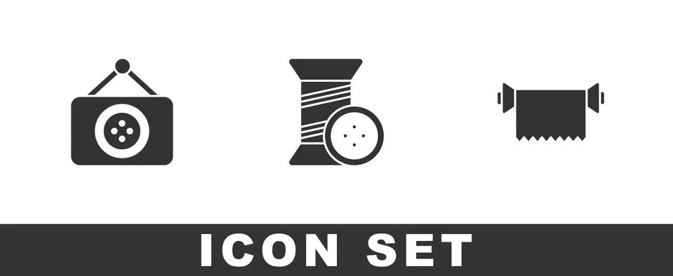 Set Tailor shop, Sewing thread and button and Textile fabric roll icon. Vector Stock Illustration