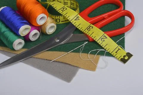 Set of tailoring tools, threads and fabric 写真素材