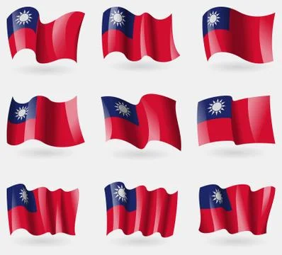 Set of Taiwan flags in the air. Vector Stock Illustration
