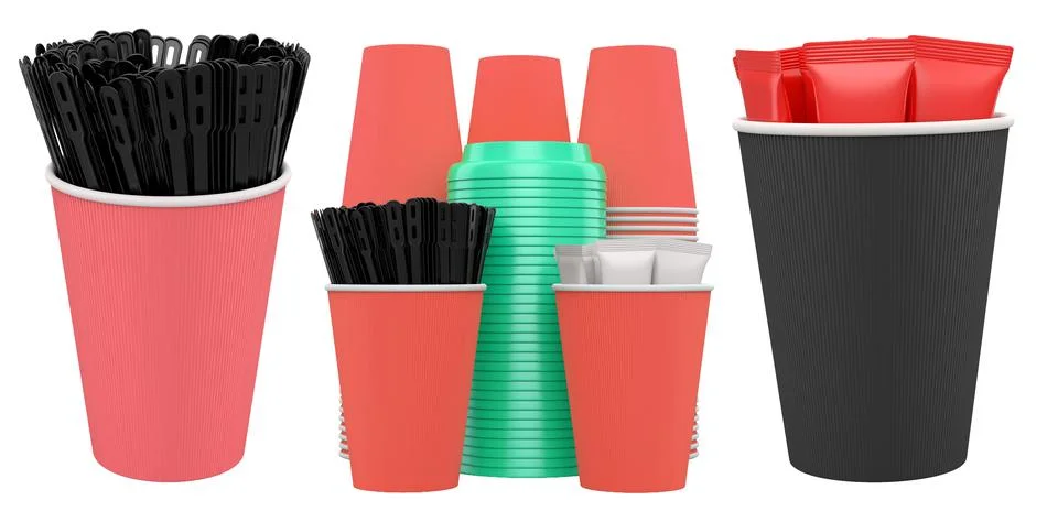 Set of takeaway coffee cups with plastic lids, stirrers, and sugar sachets .. Stock Illustration
