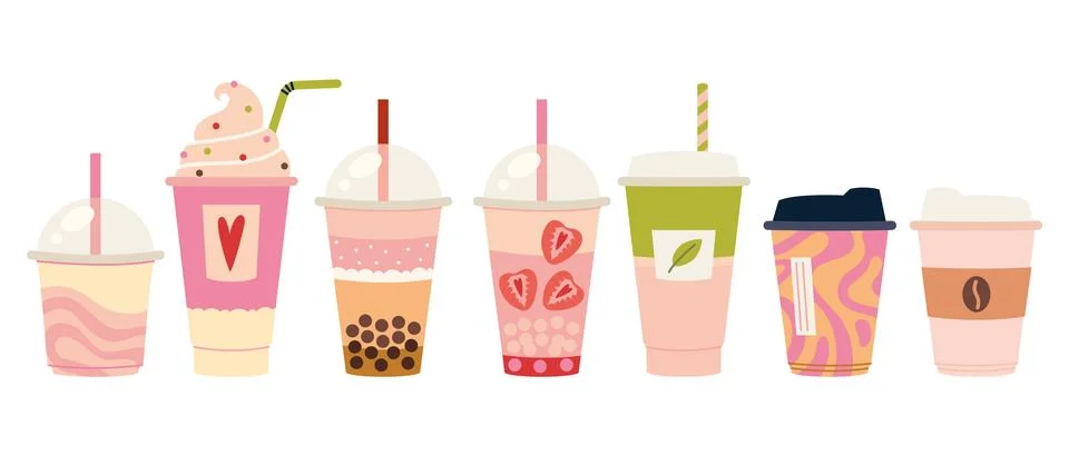 Set of takeaway drinks like bubble tea, smoothies, coffee, matcha latte, mi.. Stock Illustration