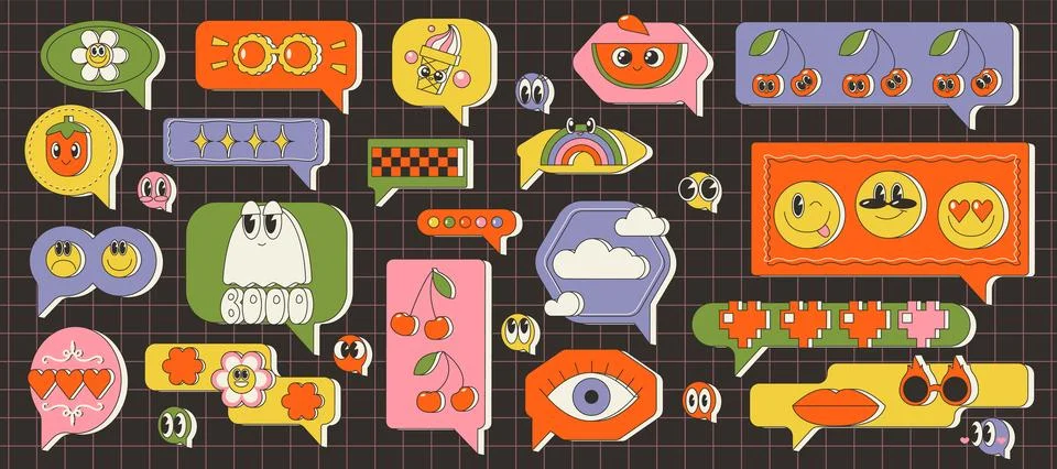 Set of talk bubble text, chat box, in retro y2k style Stock Illustration