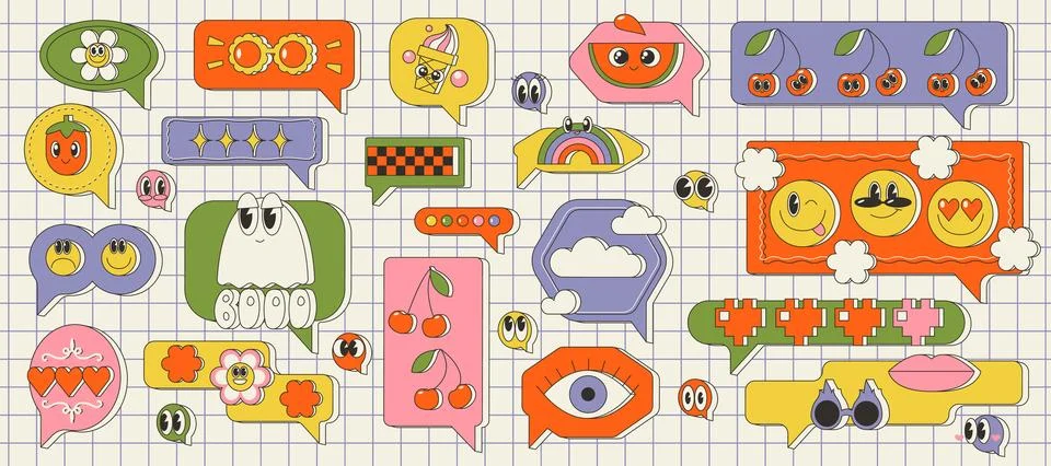 Set of talk bubble text, chat box, in retro y2k style Stock Illustration