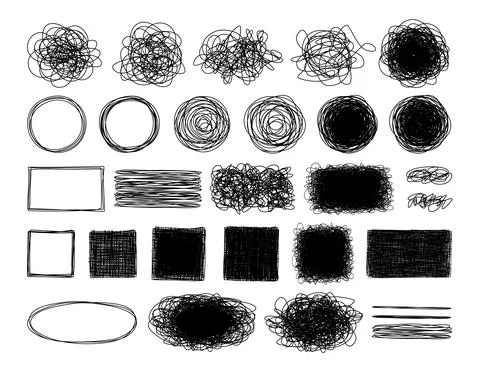 Set of tangled grungy scribbles hand drawn with thin line Stock Illustration