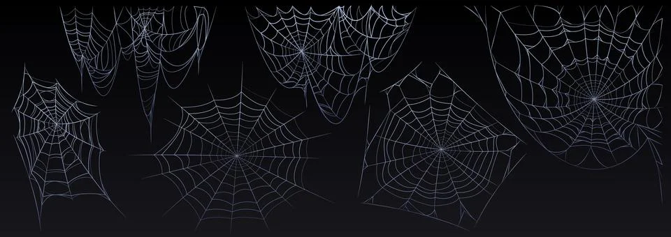Set of tangled spiderweb hanging isolated on black Stock Illustration