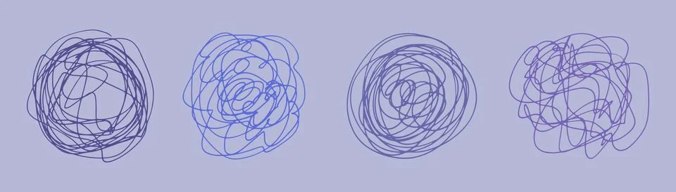 Set of tangled tangle of doodle line art. Abstract hand drawn chaotic knot do Stock Illustration